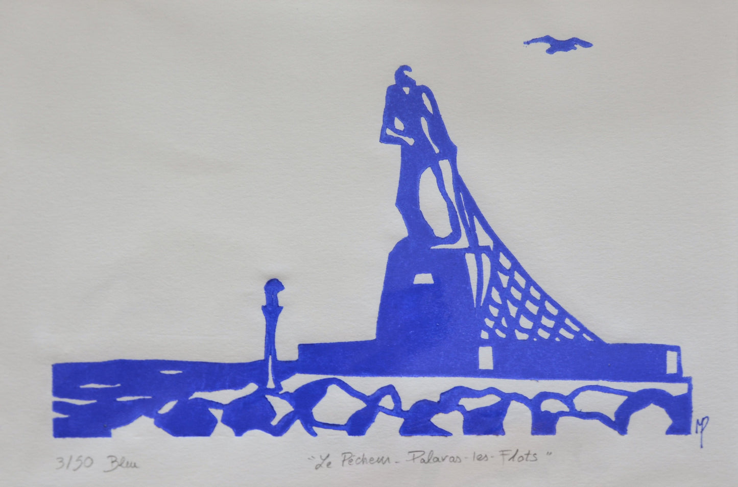 Linogravure - " Le Pêcheur - Palavas-les-Flots "