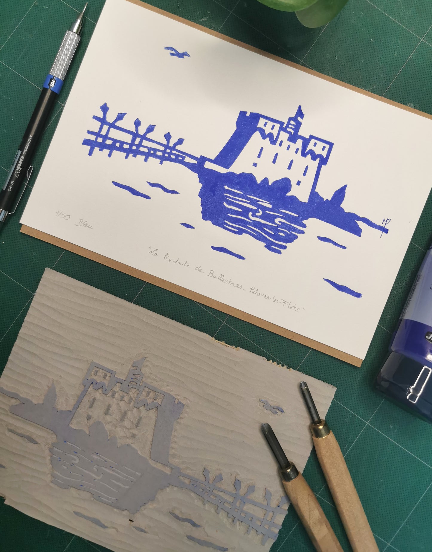 Linogravure - " La Redoute de Ballestras - Palavas-les-Flots "