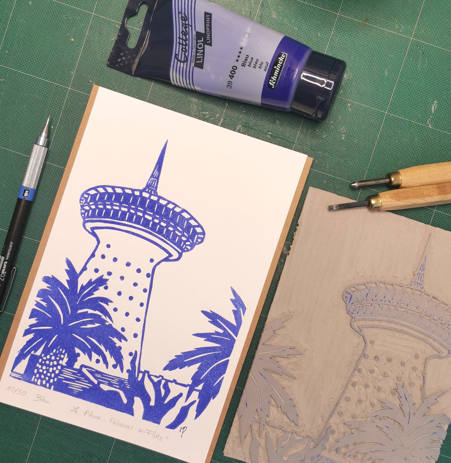 Linogravure - " Le phare - Palavas-les-Flots "
