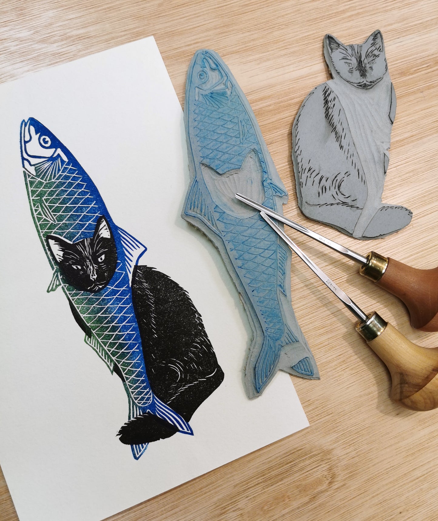 Linogravure - "Le Chat'rdine"