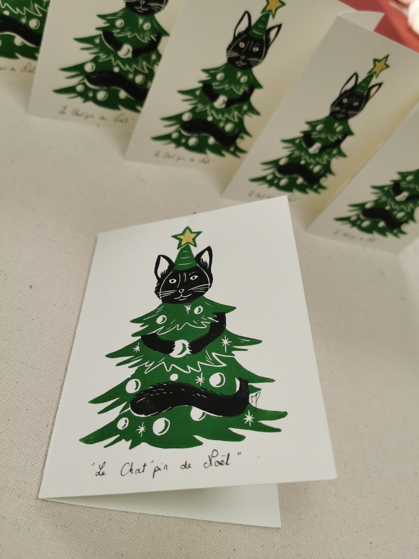 Linogravure - " Le Chat'pin de Noël " - Carte dépliante