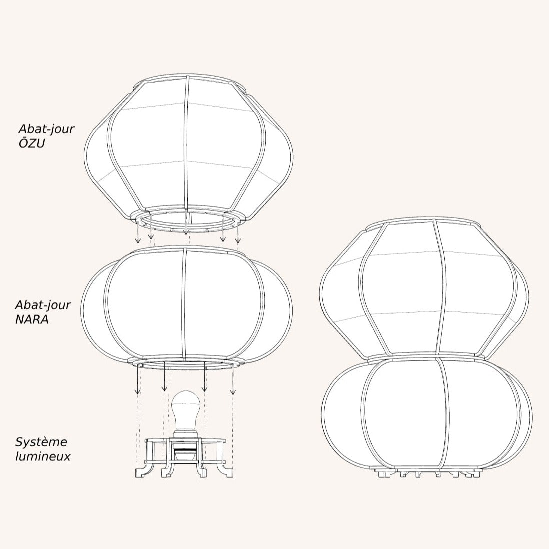 Système d'assemblage par empilement des lampes à poser de la collection TOTEM sur le système lumineux