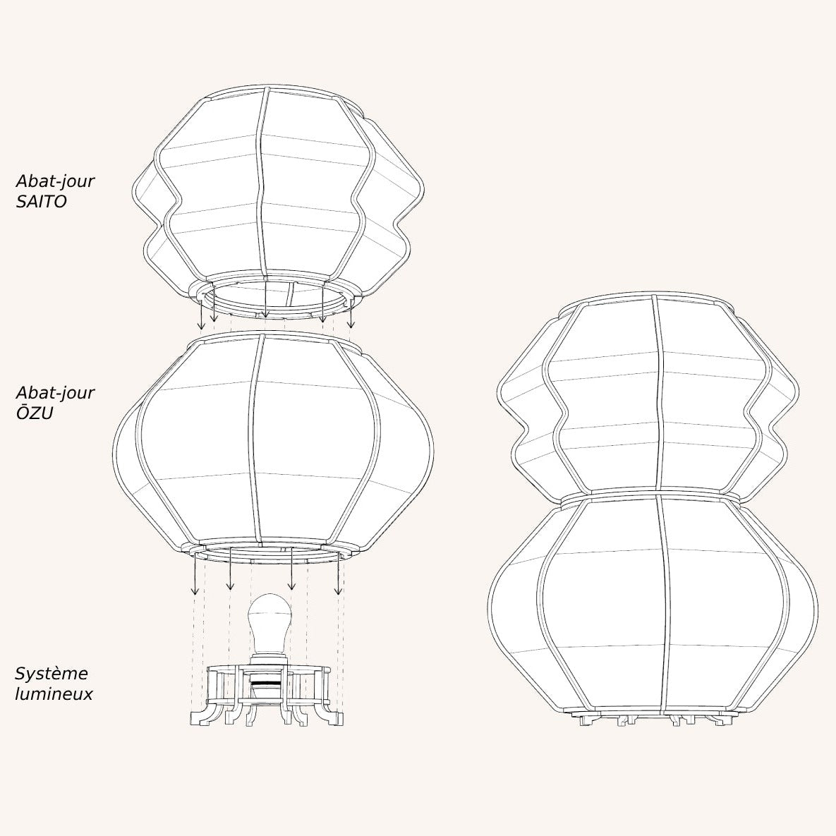 Système d'assemblage par empilement des lampes à poser de la collection TOTEM sur le système lumineux