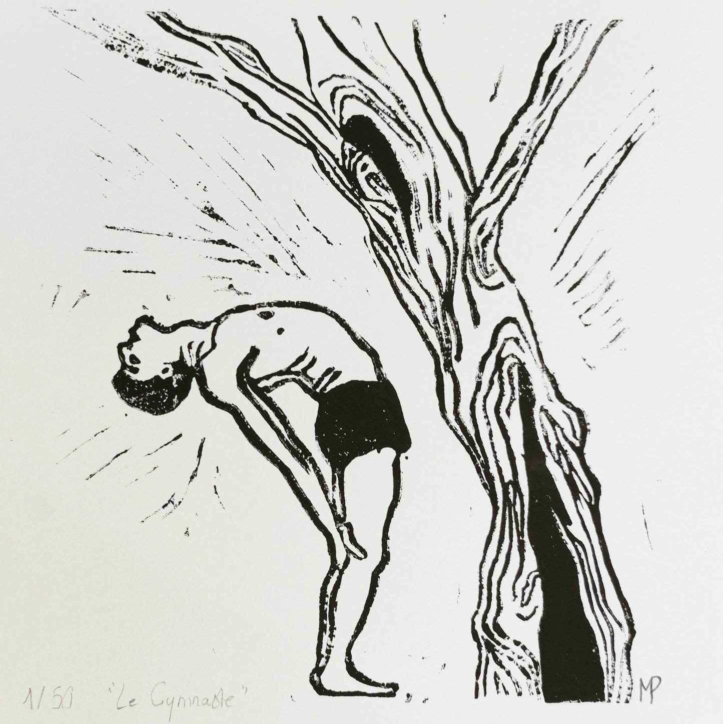 Linogravure - L'homme et l'arbre - " Le gymnaste"