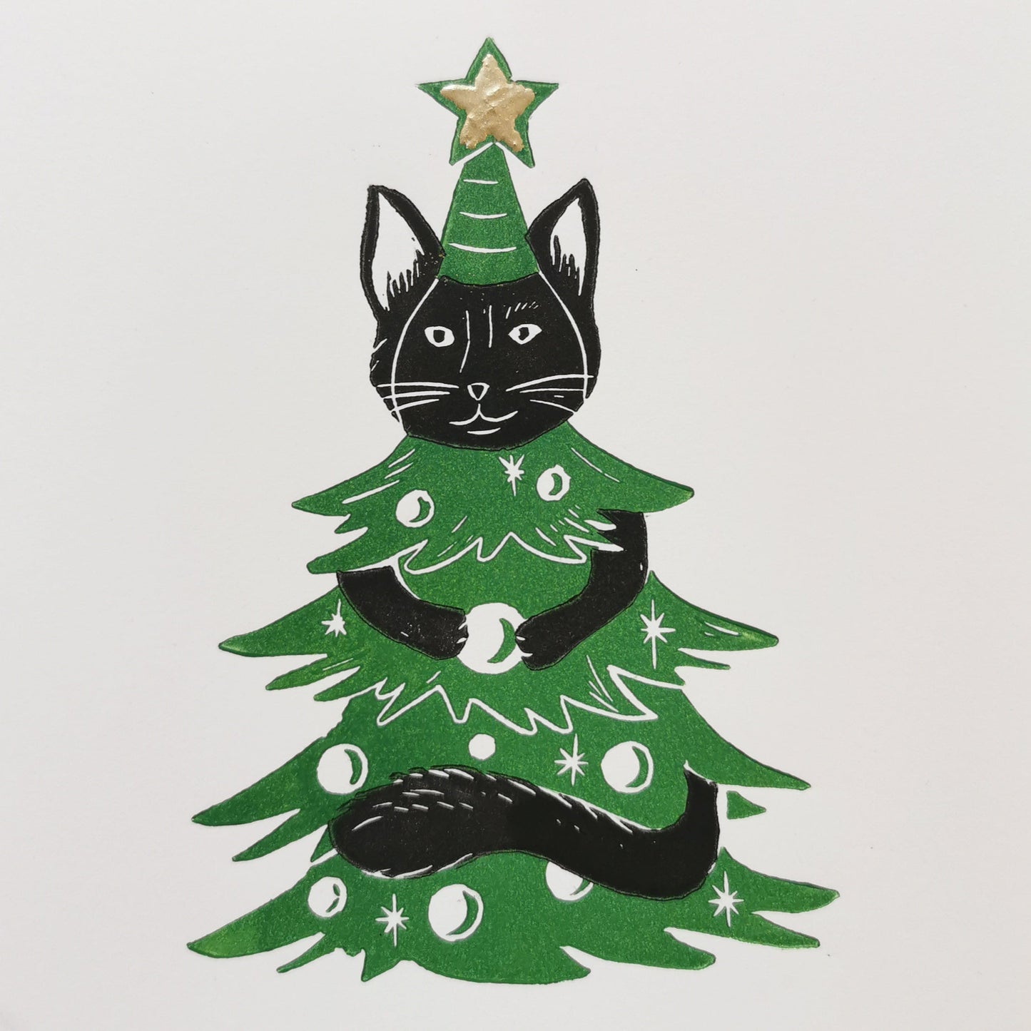 Linogravure - " Le Chat'pin de Noël " - Carte dépliante