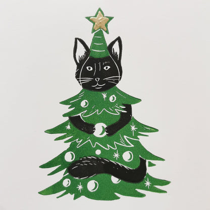 Linogravure - " Le Chat'pin de Noël " - Carte dépliante