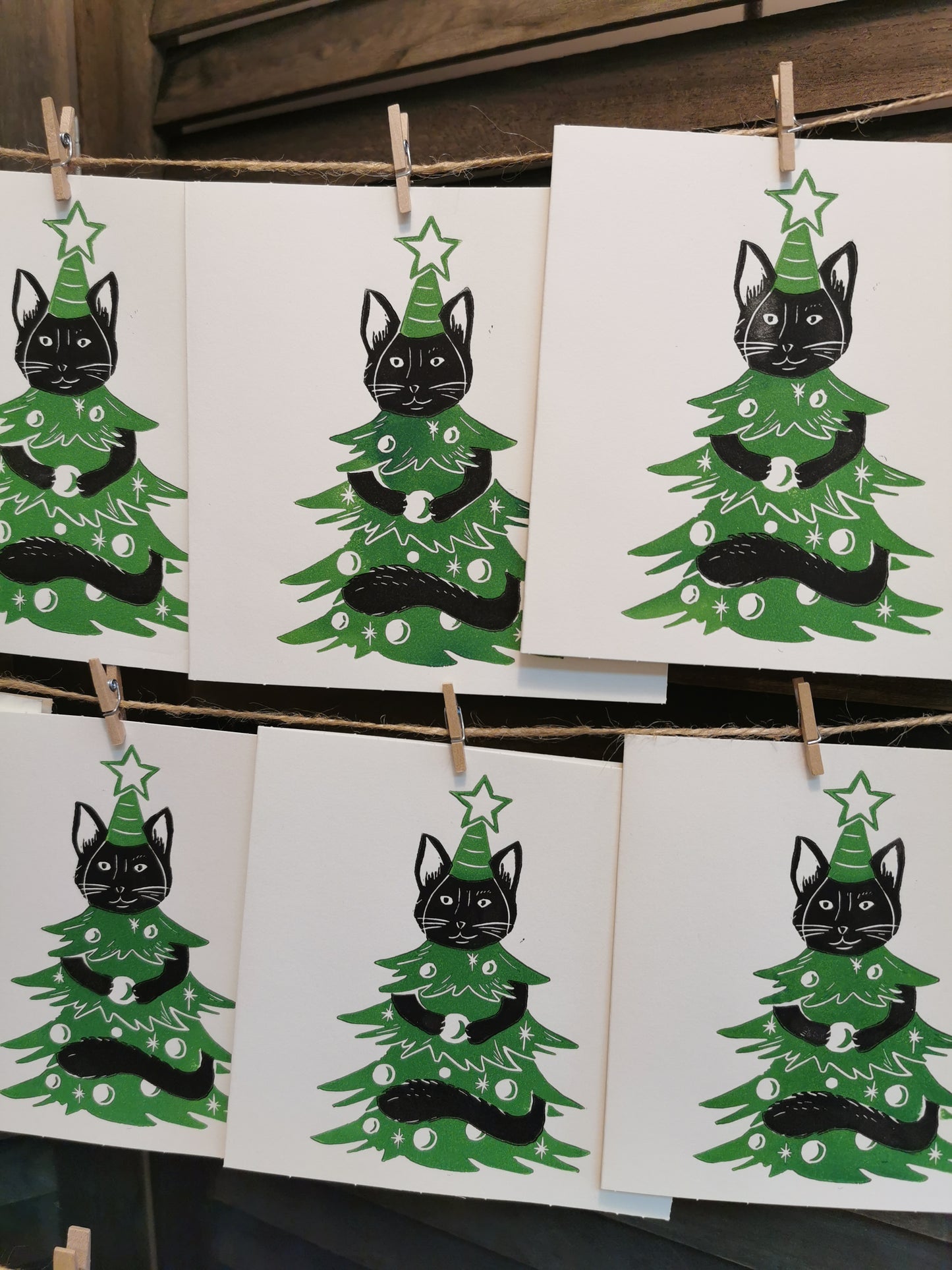 Linogravure - " Le Chat'pin de Noël " - Carte dépliante