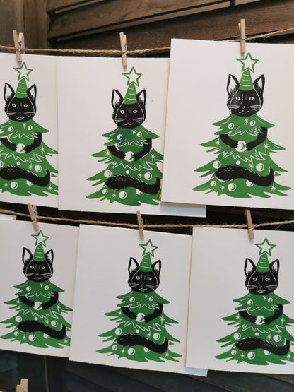 Linogravure - " Le Chat'pin de Noël " - Carte dépliante