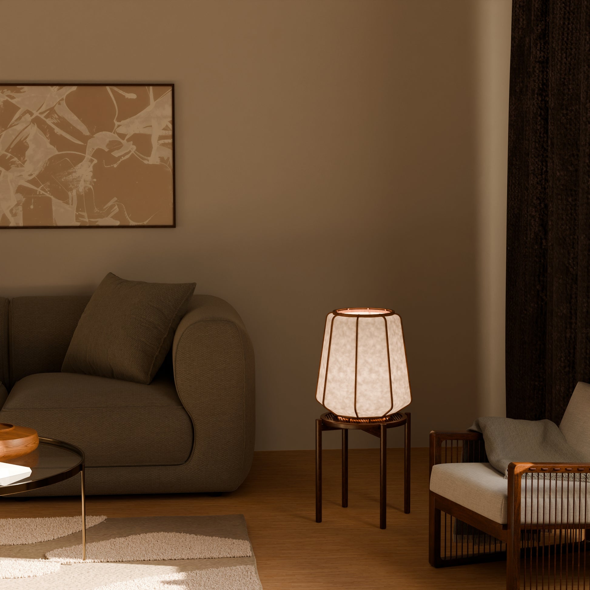 Design lamp in wood and Japanese paper, handmade, made in France. Maguelone Poulain.