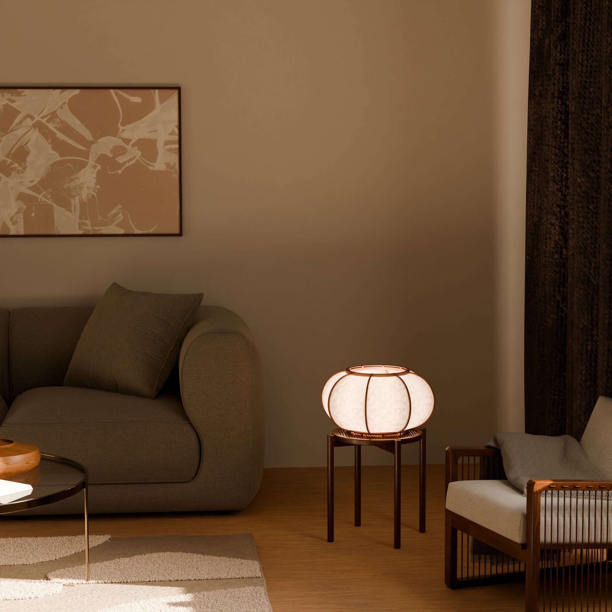 Design lamp in wood and Japanese paper, handmade, made in France. Maguelone Poulain.