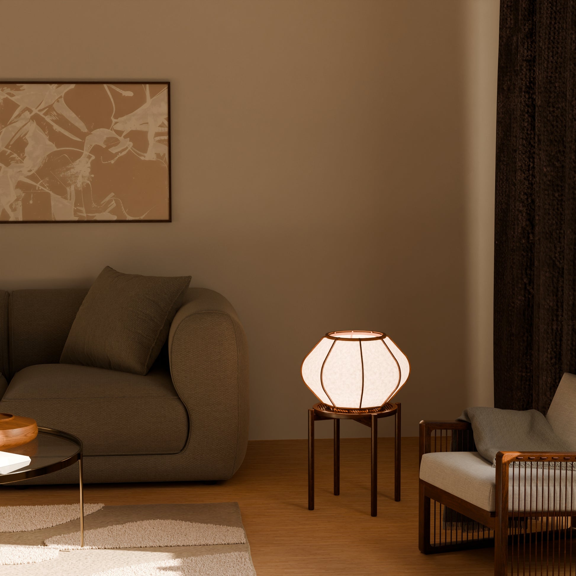 Design lamp in wood and Japanese paper, handmade, made in France. Maguelone Poulain.