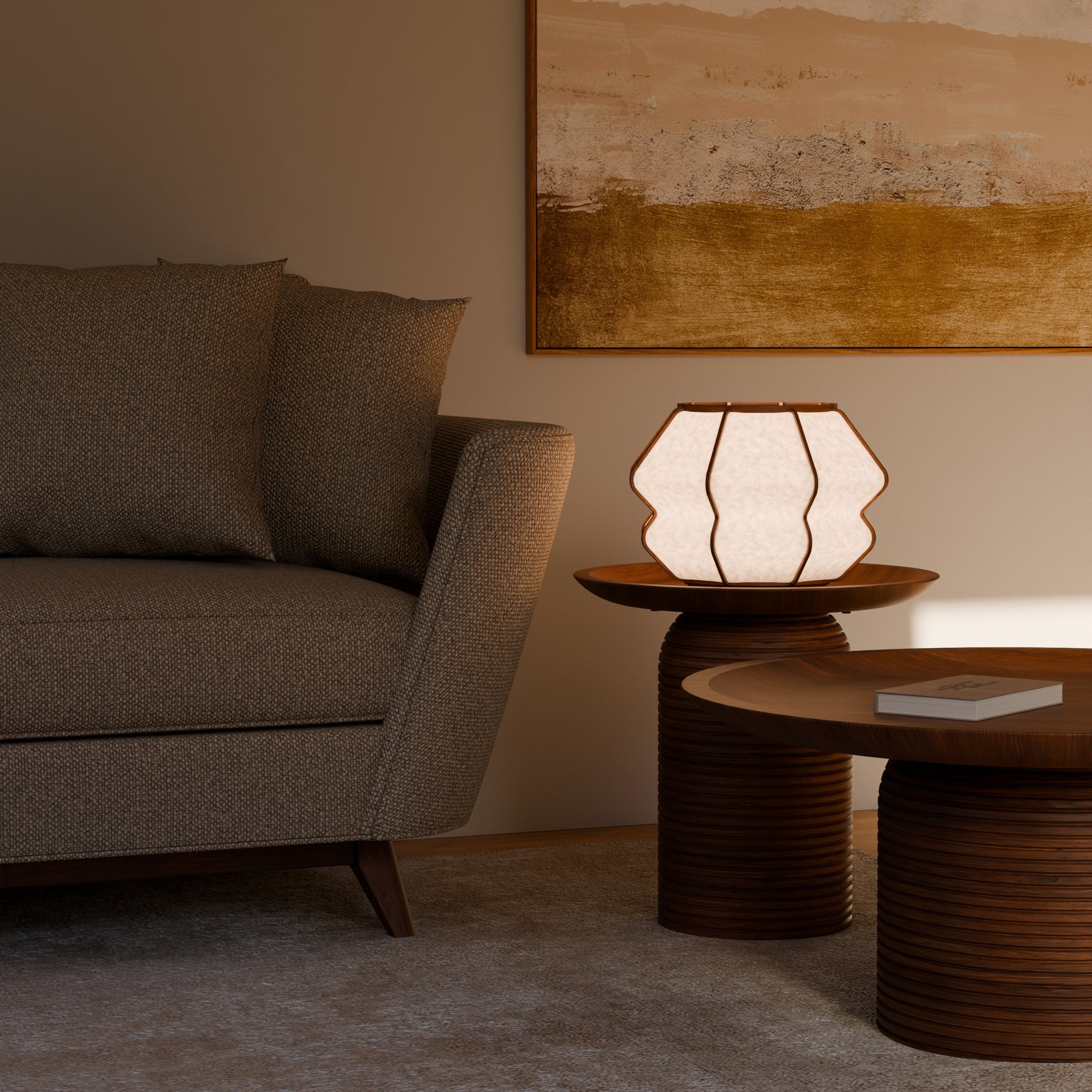 Design lamp in wood and Japanese paper, handmade, made in France. Maguelone Poulain.