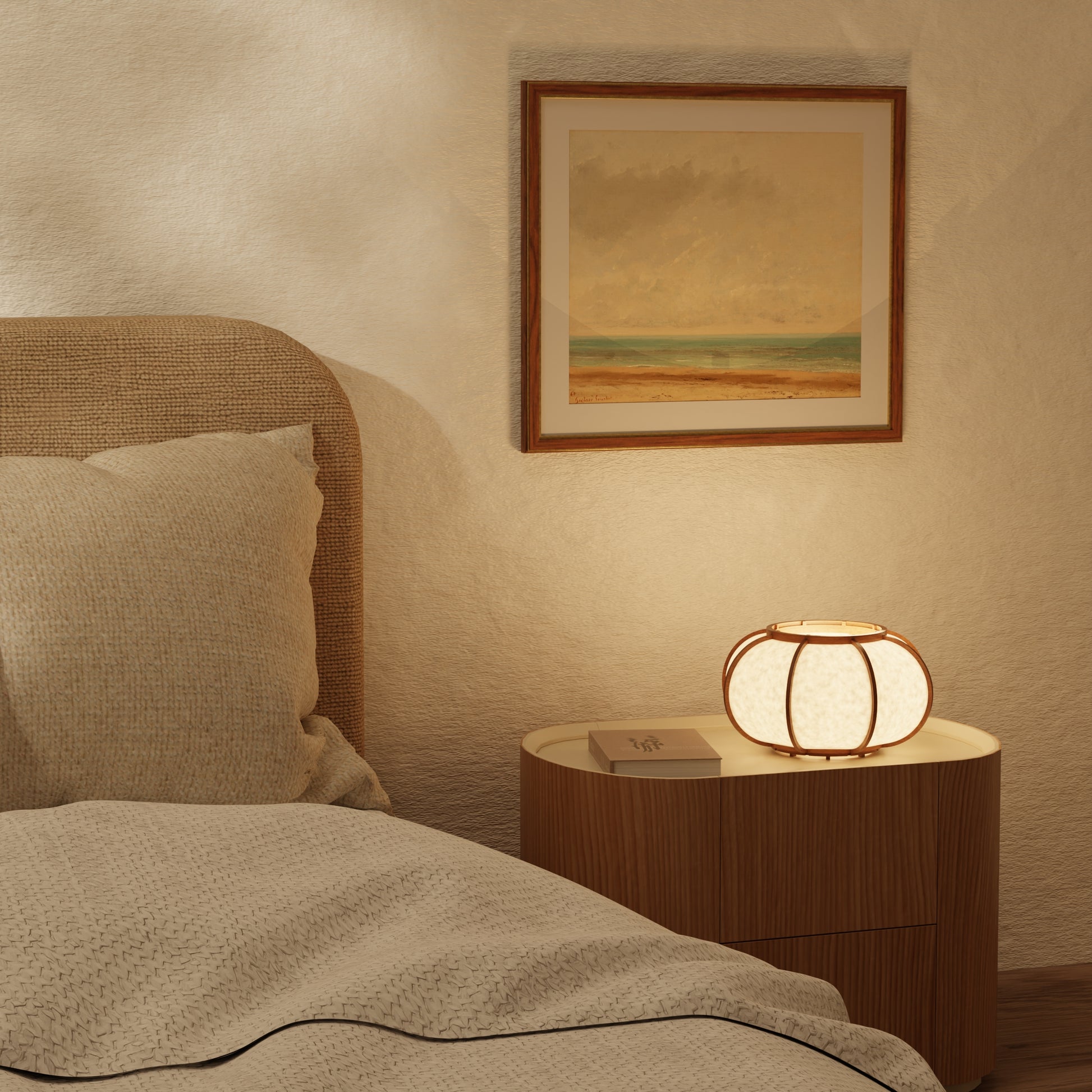 Design lamp in wood and Japanese paper, handmade, made in France. Maguelone Poulain.
