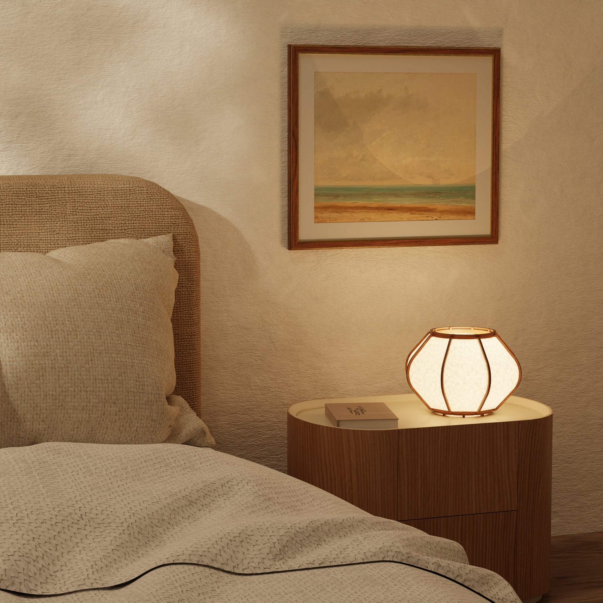 Design lamp in wood and Japanese paper, handmade, made in France. Maguelone Poulain.