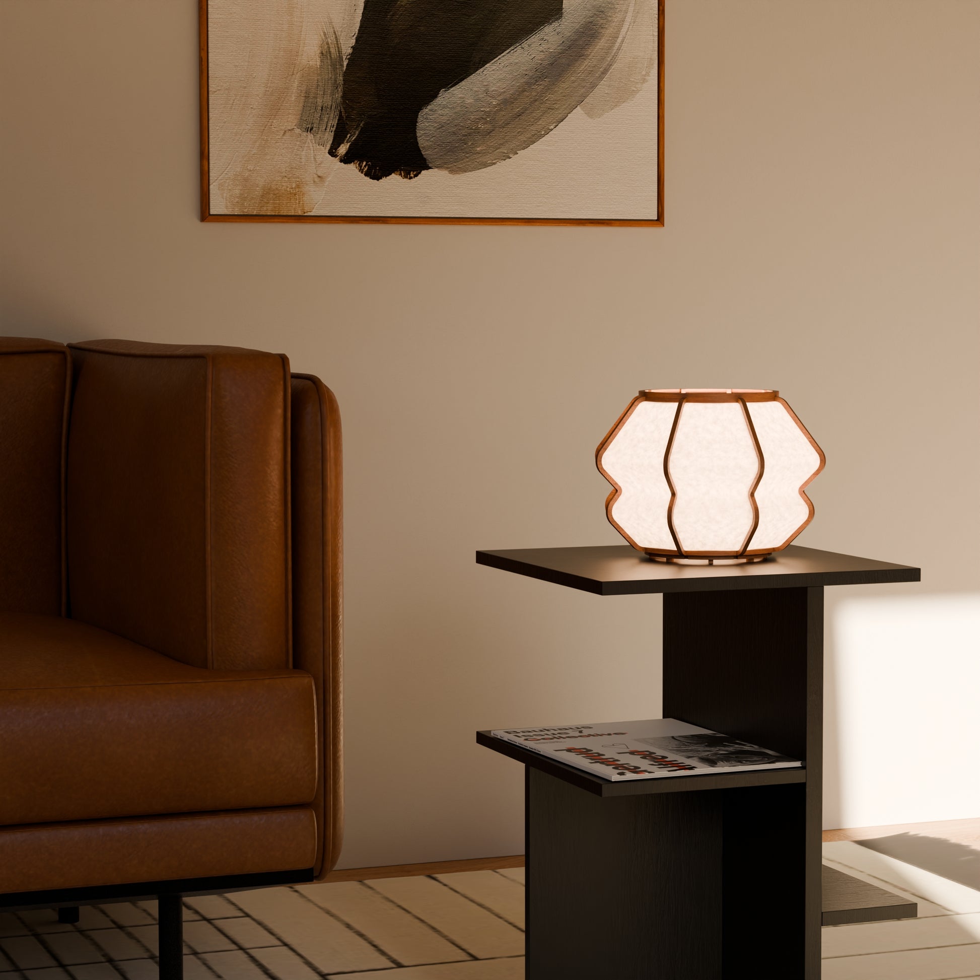 Design lamp in wood and Japanese paper, handmade, made in France. Maguelone Poulain.