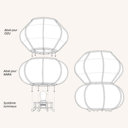 Système d'assemblage par empilement des lampes à poser de la collection TOTEM sur le système lumineux