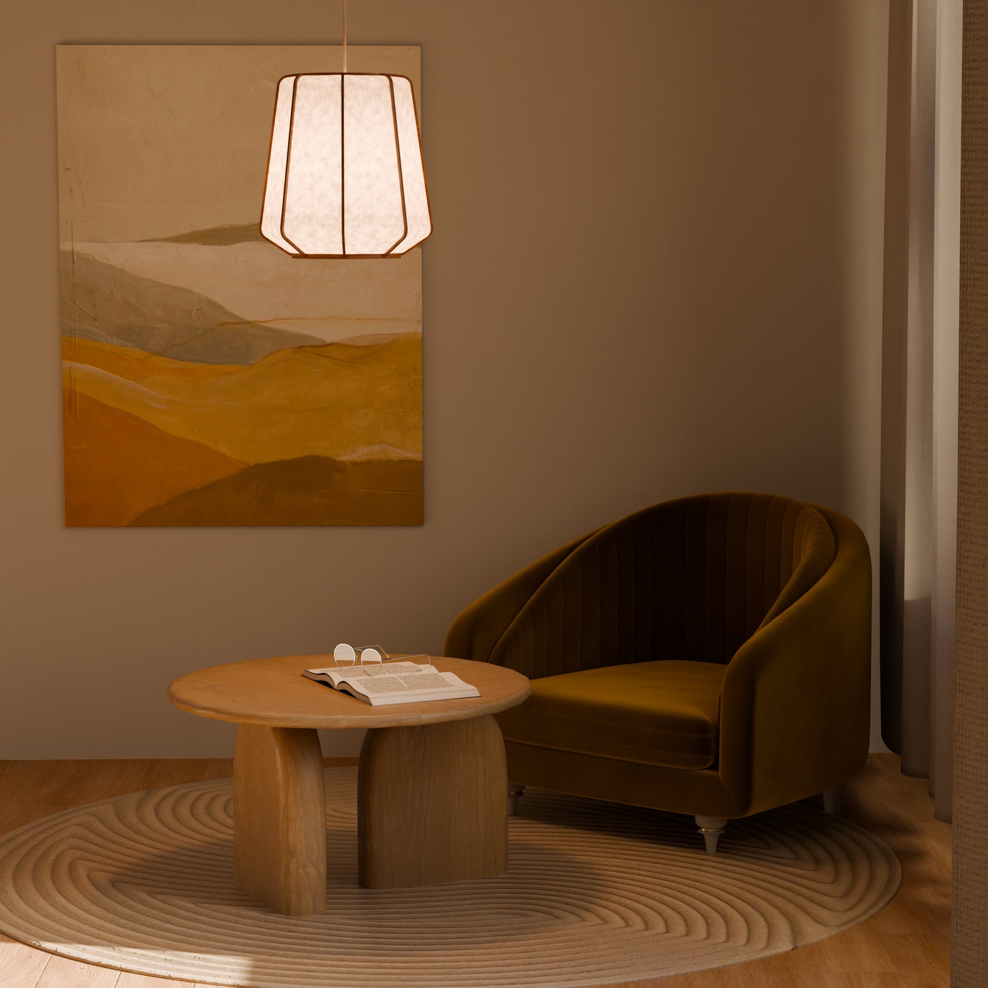 Design lamp in wood and Japanese paper, handmade, made in France. Maguelone Poulain.