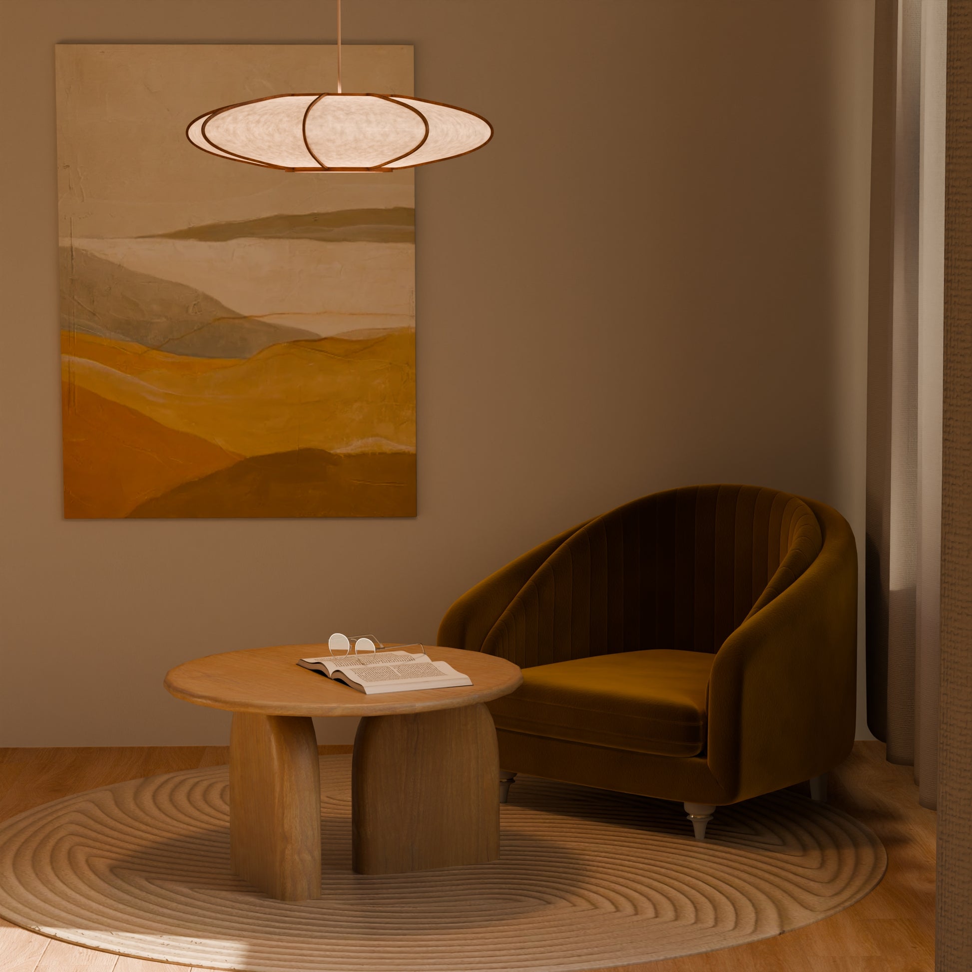 Lampe design en bois et papier japonais, faite main, fabriquée en France. Maguelone Poulain.