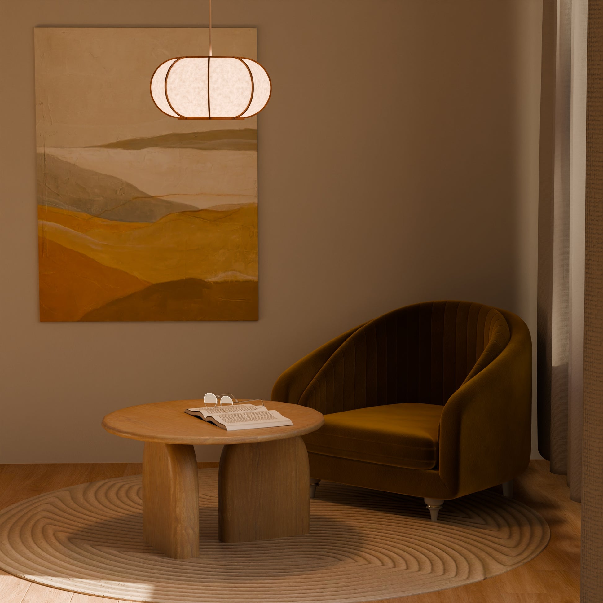 Design lamp in wood and Japanese paper, handmade, made in France. Maguelone Poulain.
