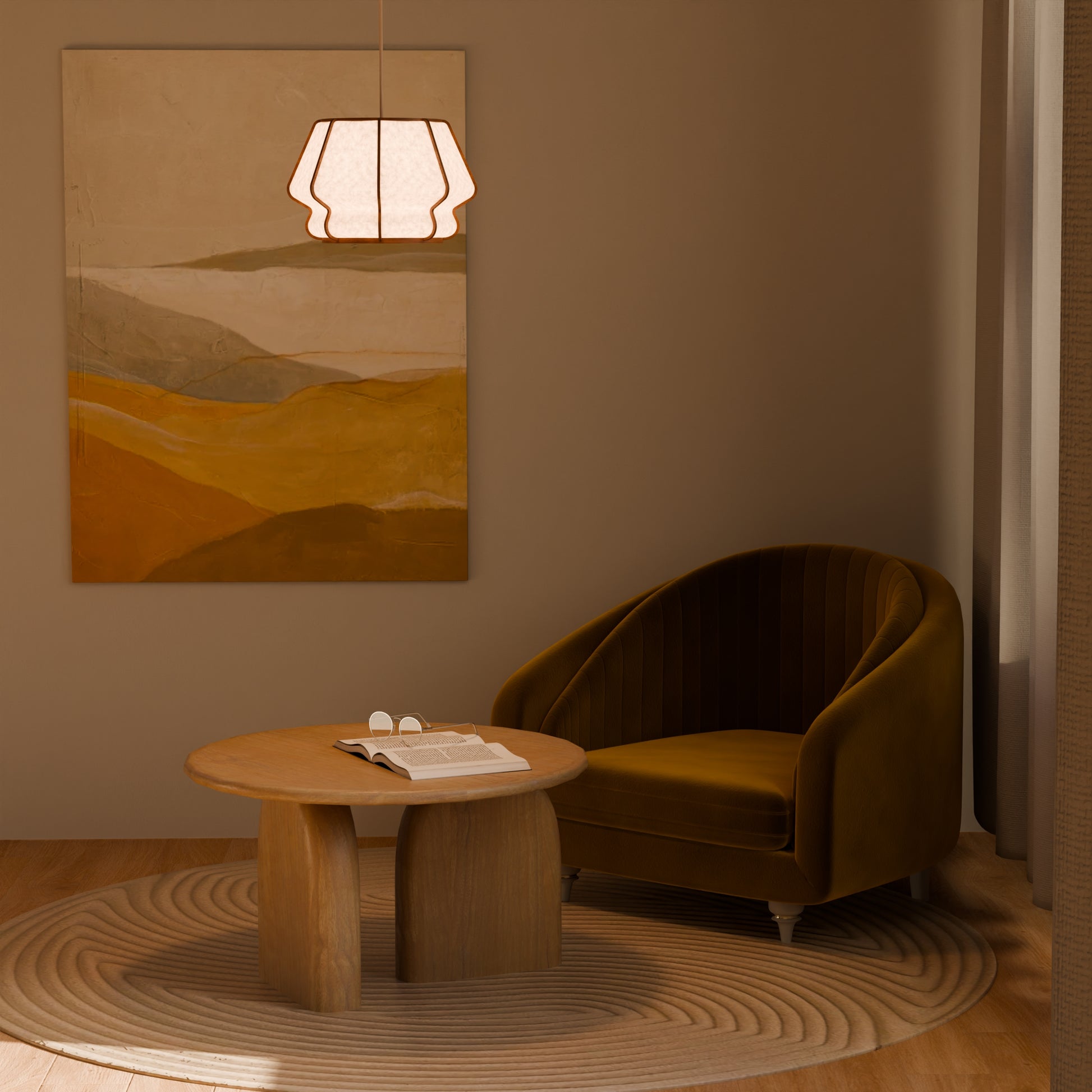 Design lamp in wood and Japanese paper, handmade, made in France. Maguelone Poulain.