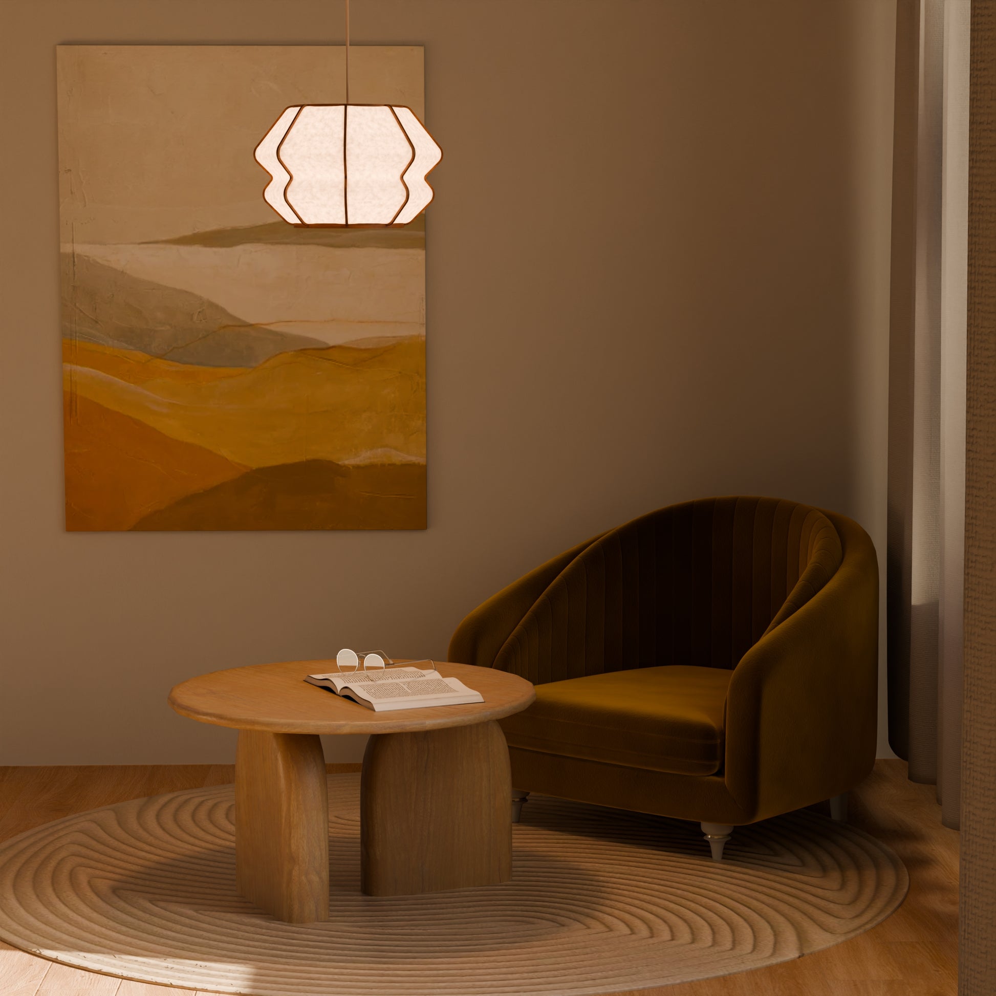 Design lamp in wood and Japanese paper, handmade, made in France. Maguelone Poulain.