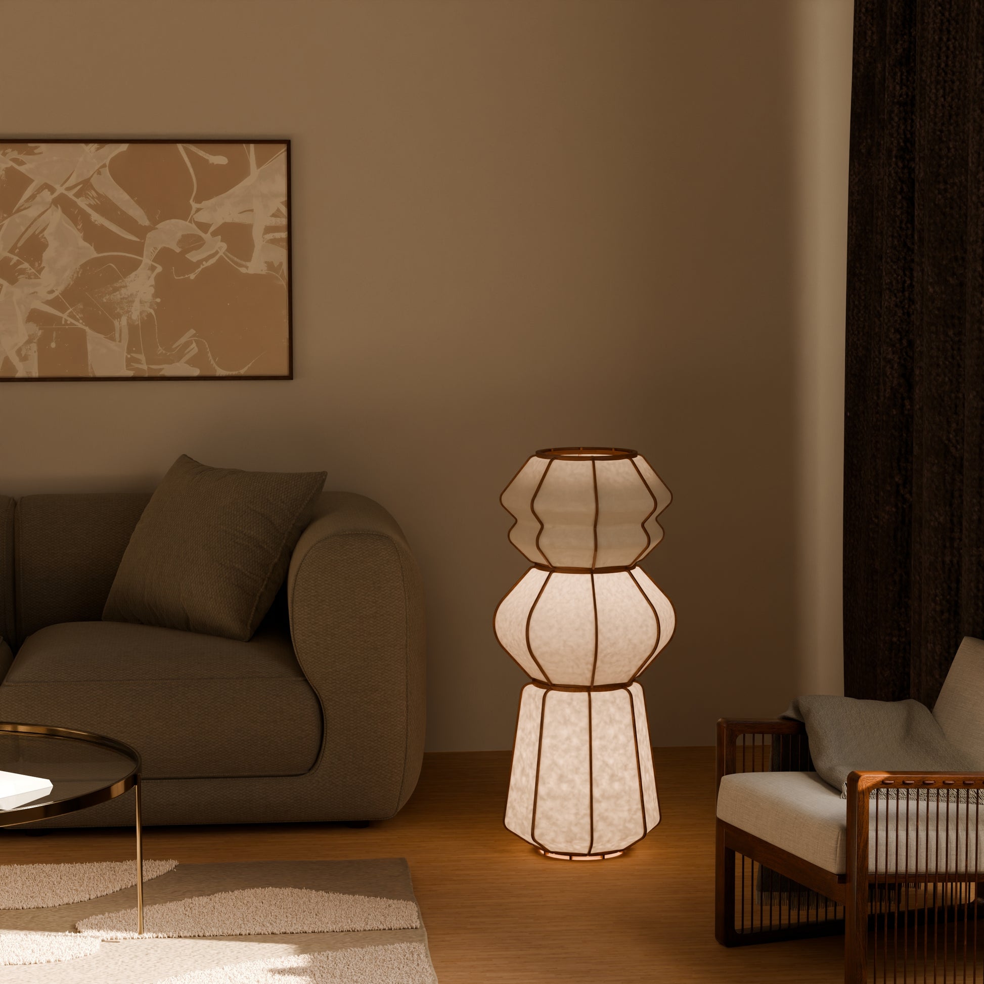 Design lamp in wood and Japanese paper, handmade, made in France. Maguelone Poulain.