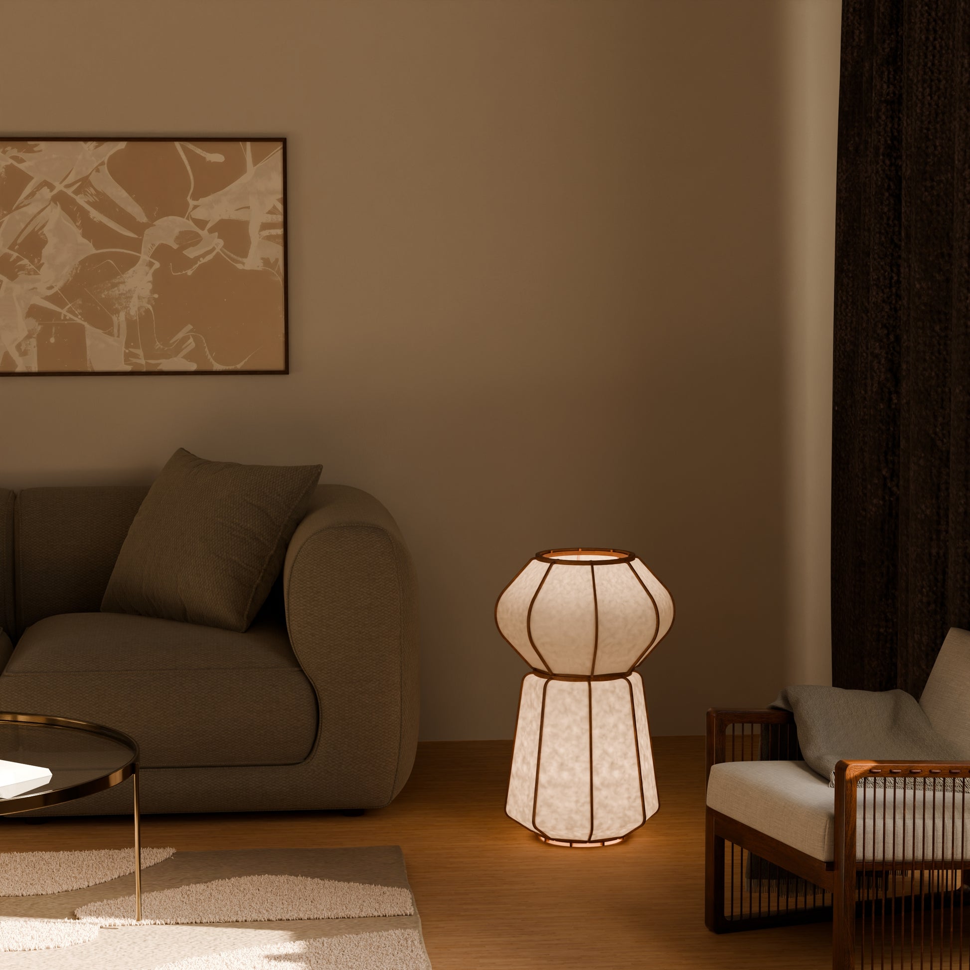 Lampe design en bois et papier japonais, faite main, fabriquée en France. Maguelone Poulain.