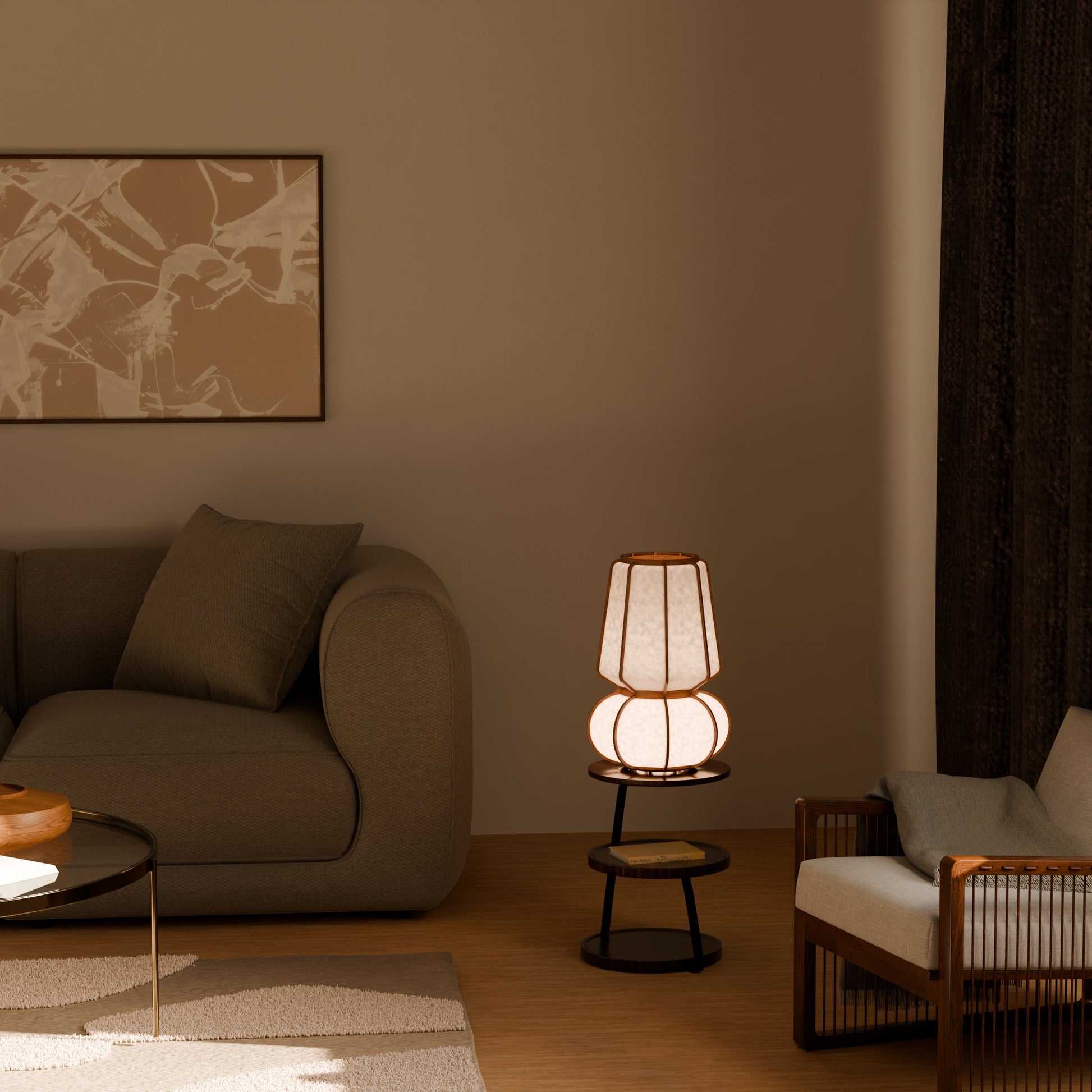 Lampe design en bois et papier japonais, faite main, fabriquée en France. Maguelone Poulain.