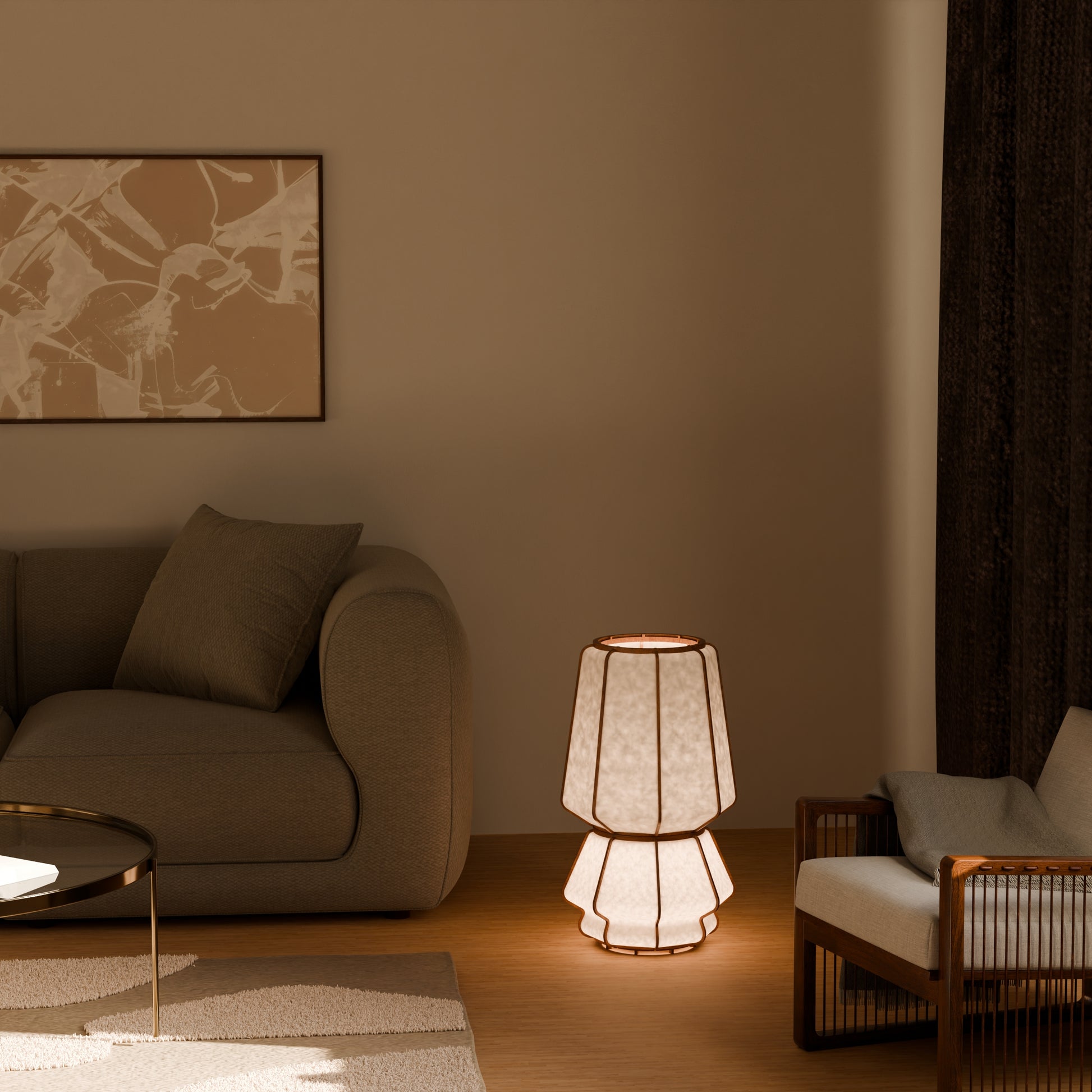 Lampe design en bois et papier japonais, faite main, fabriquée en France. Maguelone Poulain.